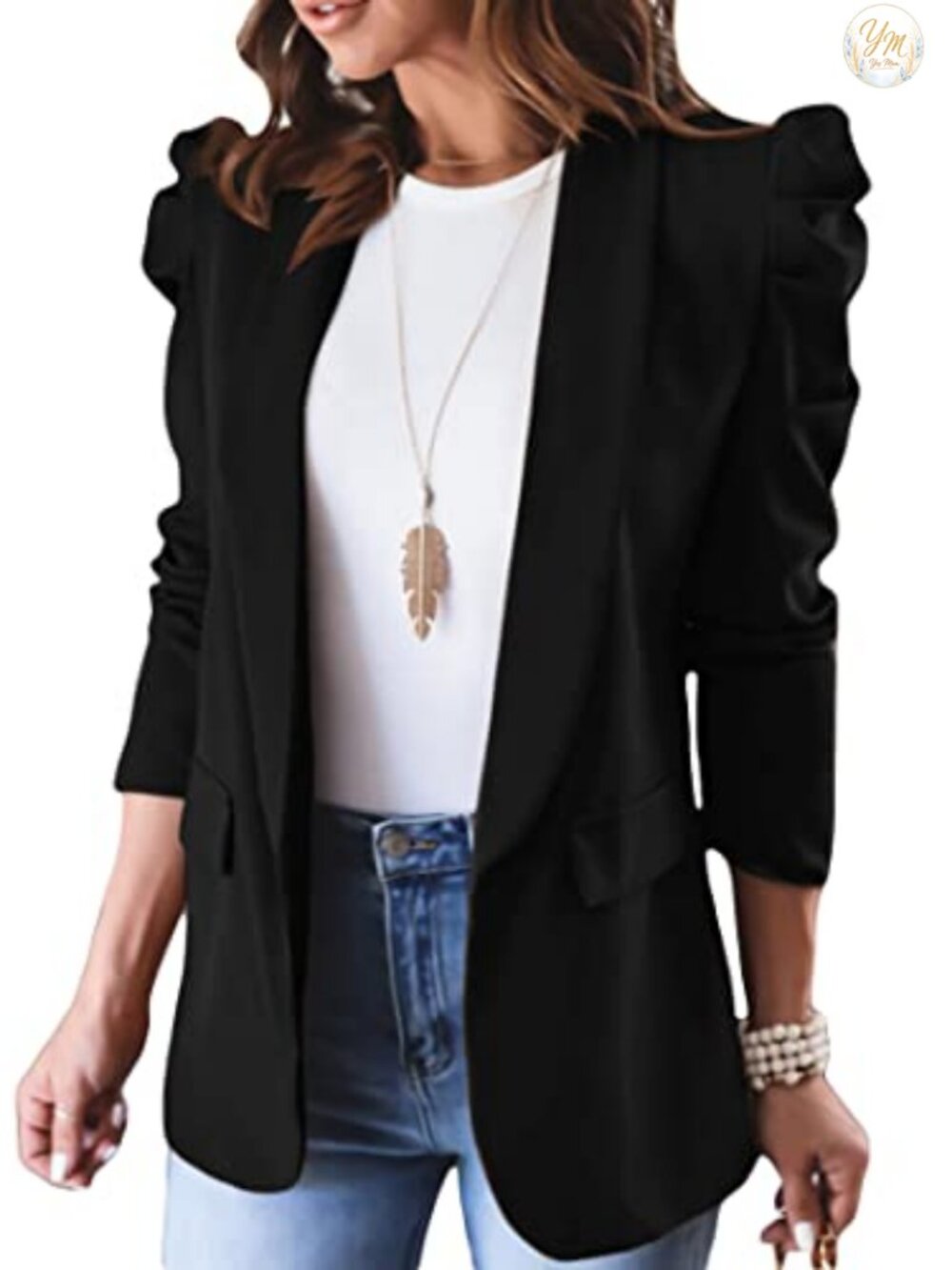 Women's Puff Sleeve Blazer Long Sleeve Shawl Collar Slim Fit